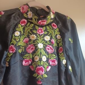 Free People Black Blouse with Pink and Green Floral Embroidery